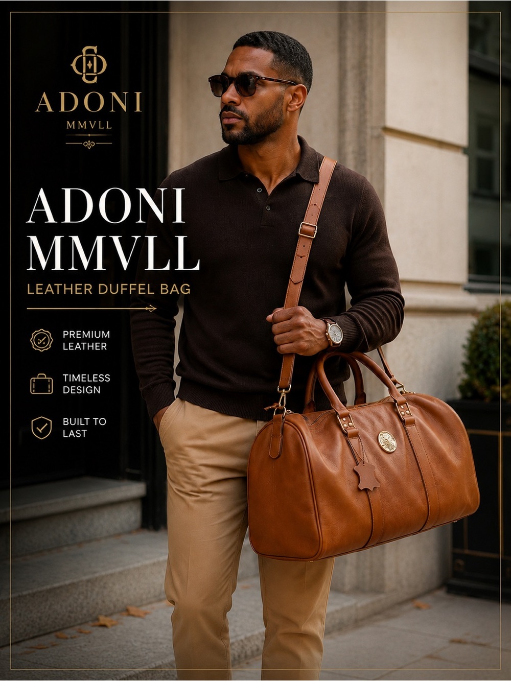 Adoni MMVLL Brown Leather Duffel Weekender Travel Bag 20x10x9 New